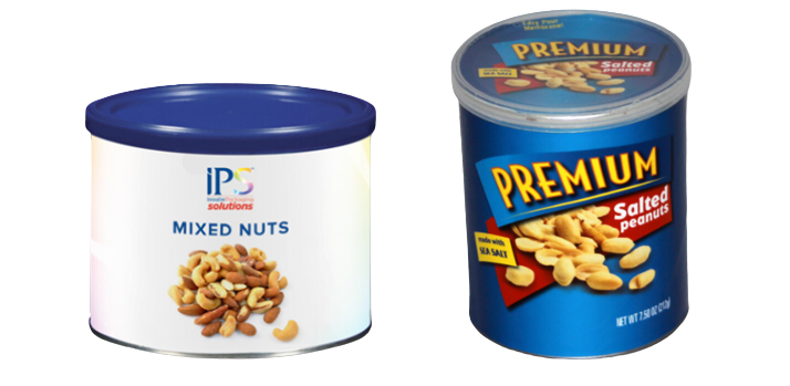 Sonoco paper cans in two sizes, highlighting customization in nuts packaging for brand and retail adaptability