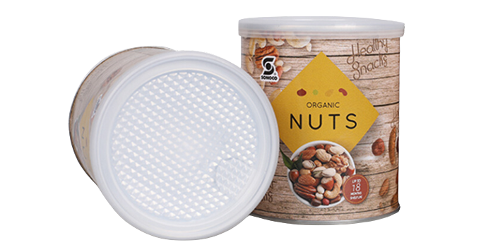 Sonoco's paper can nut packaging with resealable cap and protective barriers for extended freshness.